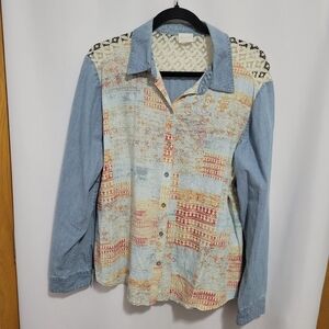 Chico's Denim/Lace Western Print Button-down L/S Shirt. No Size Tag